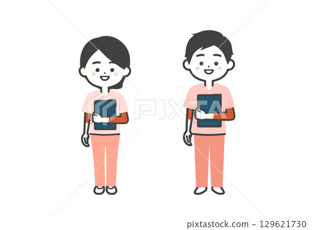 穿著工作服的男人和女人手持文件的三維插圖 129621730