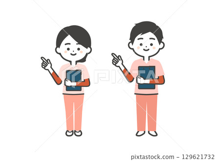 一幅立體插圖，描繪了一位身穿工作服的男士和一位女士，手裡拿著一份文件，指著 129621732