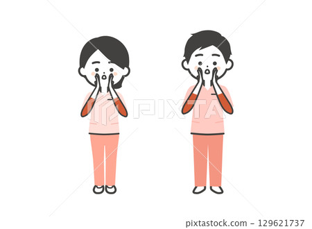 A three-dimensional illustration of a man and woman wearing scrubs calling with both hands over their mouths 129621737
