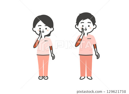 A three-dimensional illustration of a man and woman in scrubs calling with one hand over their mouth 129621738