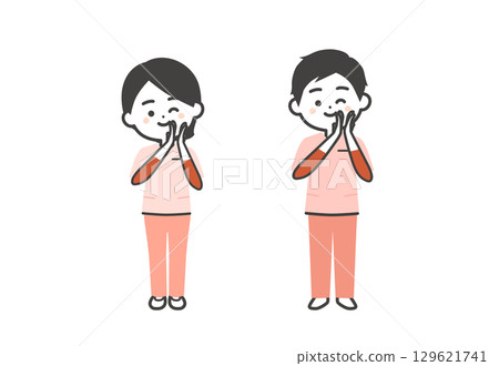 A three-headed illustration of a man and woman in scrubs clapping while winking 129621741