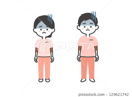 A three-headed illustration of a man and woman wearing scrubs with a gloomy expression 129621742