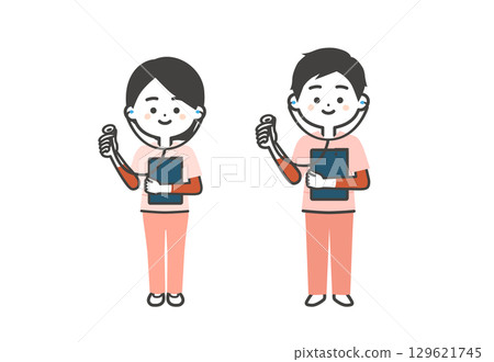 A three-headed illustration of a man and woman in a scrub holding a stethoscope A three-headed illustration of a man and woman in a scrub holding a stethoscope 129621745