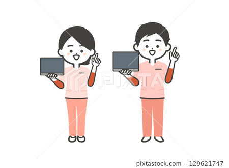 A three-dimensional illustration of a man and woman in scrubs holding a laptop and pointing up 129621747