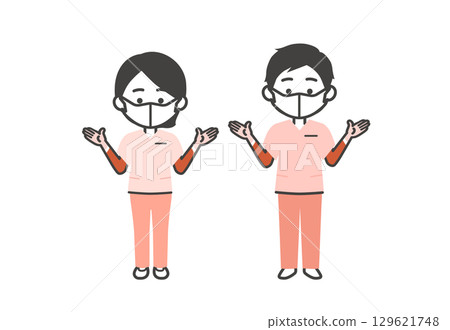 一名男子和一名女子穿著工作服、戴著橡膠手套和口罩的立體插圖 一名男子和一名女子穿著工作服、戴著橡膠手套和口罩的立體插圖 129621748