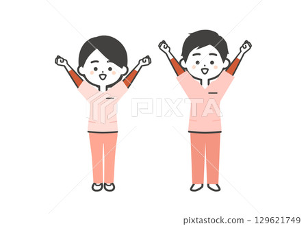 一名身穿手術服的男子和一名女子舉起拳頭的立體插圖 129621749