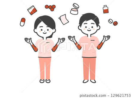 3D illustration of a man and woman wearing various chemicals and scrubs 129621753