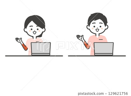 A three-dimensional illustration of a man and woman wearing scrubs using a laptop A three-dimensional illustration of a man and woman wearing scrubs using a laptop 129621756