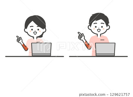 一位身穿工作服的男士和一位女士使用筆記型電腦的三維插圖 129621757