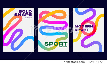 Gradient line posters with abstract backgrounds and colorful patterns create vibrant designs. Vector graphic elements and wave shapes blend by using dynamic gradients. Perfect for modern and fun art. 129621779