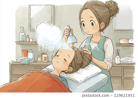 Miyu Series: A picture book style woman receiving a steam facial 129621951