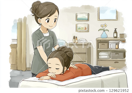 Miyu Series: A woman receives a back massage in a picture book style 129621952