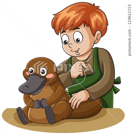 Child Sewing Plush Platypus Toy at Table 129622153