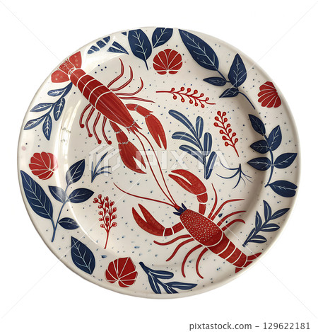 Vintage ceramic plate with red lobsters and blue botanical motifs, retro coastal design isolated on background 129622181