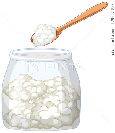 Wooden Spoon Scooping Kefir Grains from Glass Jar 129622190