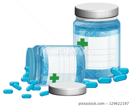 Blue Capsules in Transparent Prescription Bottles Blue Capsules in Transparent Prescription Bottles 129622197