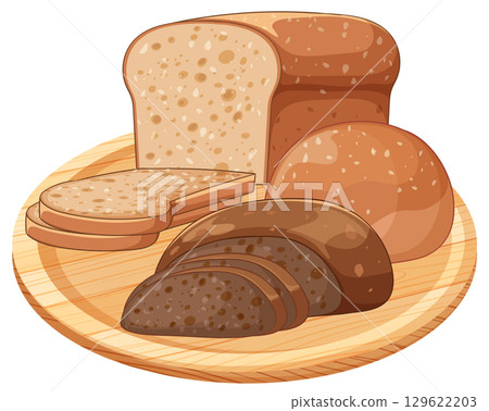 Assorted Whole Wheat and Rye Bread on Wooden Plate 129622203