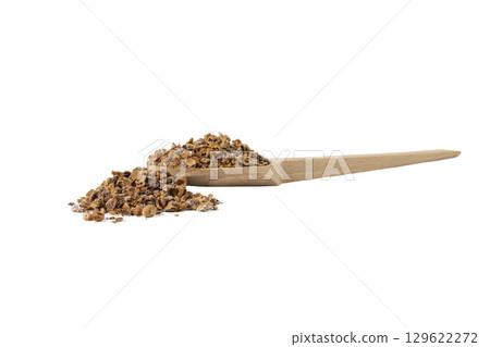 Crataegus, commonly called hawthorn, quickthorn,thornapple, May-tree, whitethorn, Mayflower or hawberry on wooden spoon isolated on white background. 129622272