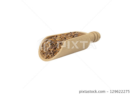 Crataegus, commonly called hawthorn, quickthorn,thornapple, May-tree, whitethorn, Mayflower or hawberry in wooden scoop isolated on white background. 129622275