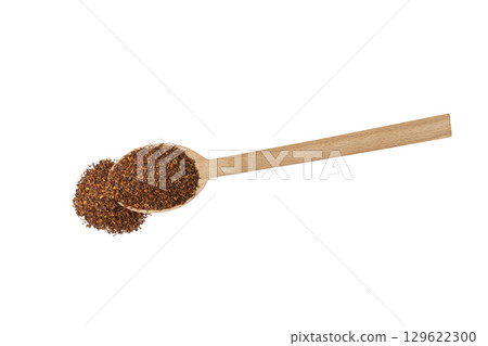 Rooibos tea medium cut on wooden spoon isolated on white background. Rooibos in latin Aspalathus linearis. herb. herbal tea. food ingredient. 129622300