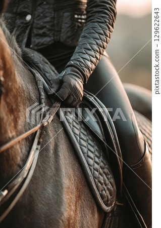 Close-up of rider holding reins on horse 129622643