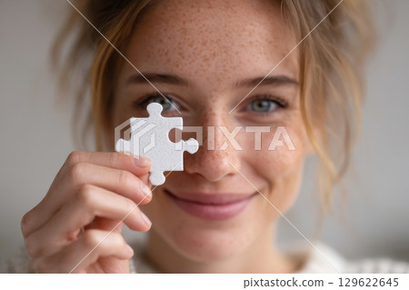 Smiling woman holding puzzle piece 129622645