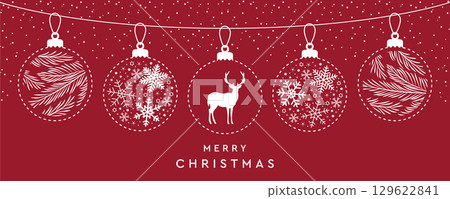 merry christmas card with hanging ball decoration and deer vector illustration 129622841