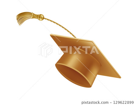 Graduates celebration. Flying golden graduate hats with tassels. 129622899