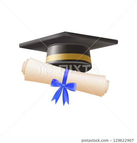 3d diploma scroll with graduate hat. Vintage roll paper 129622907