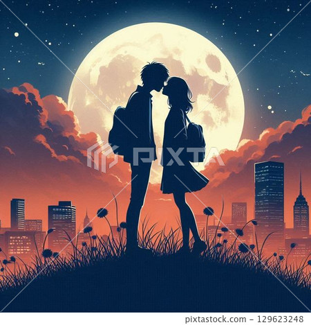 Couple kissing under the full moon, a romantic night 129623248
