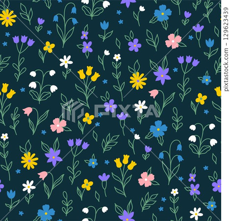 Seamless pattern with cute simple flowers on dark background. Vector graphics Seamless pattern with cute simple flowers on dark background. Vector graphics 129623439