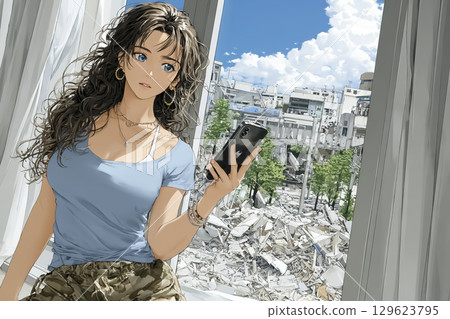 A woman checking the disaster situation on her smartphone while looking out the window 129623795