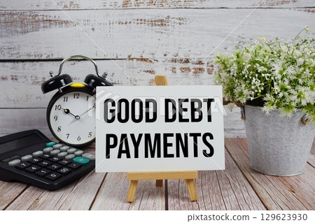 Good Debt Payments text with alarm clock and calculator on wooden background 129623930