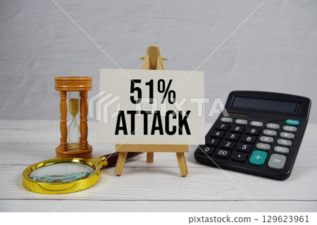 51% Attack text with magnifying glass and calculator on wooden background 51% Attack text with magnifying glass and calculator on wooden background 129623961