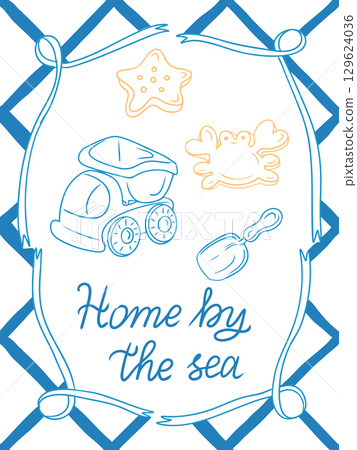 Illustrated coastal card with toy truck, shovel, starfish, and crab inside a rope frame 129624036