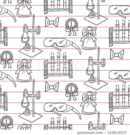 Seamless pattern with school science symbols including test tubes, flasks, and awards Seamless pattern with school science symbols including test tubes, flasks, and awards 129624037