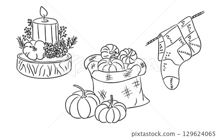 Autumn cozy still life with pumpkins, candle, pinecones, and knitted socks 129624065