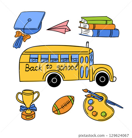 Set of school-related objects including bus, books, trophy, and art supplies Set of school-related objects including bus, books, trophy, and art supplies 129624067