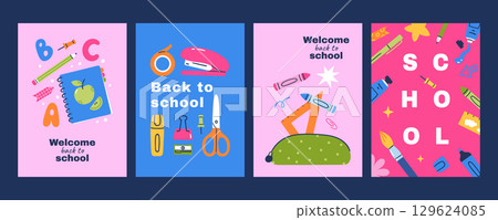 Set of bright posters Back to school with school supplies. Hand drawn vector illustration for ads, educational flyers and print. 129624085