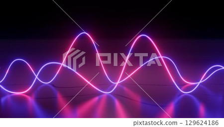 3d rendering. Neon curves in the form of geometric shapes on a black background with reflection on the floor. Bright scene 129624186