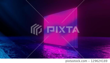 3d rendering, abstract , screen pixels, glowing dots, neon lights, virtual reality, ultraviolet spectrum, pink blue vibrant colors, catwalk fashion podium, laser show, stage, isolated on black 129624189