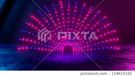 3d rendering, abstract , screen pixels, glowing dots, neon lights, virtual reality, ultraviolet spectrum, pink blue vibrant colors, catwalk fashion podium, laser show, stage, isolated on black 129624192