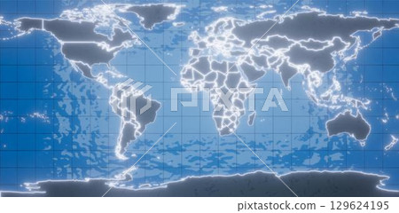 3d rendering. World map of the planet earth. Matermki and countries in the glowing neon circuit. Against the backdrop of blue oceans and seas 3d rendering. World map of the planet earth. Matermki and countries in the glowing neon circuit. Against the backdrop of blue oceans and seas 129624195