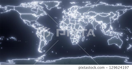 3d rendering. World map of the planet earth. Matermki and countries in the glowing neon circuit. On a dark background 3d rendering. World map of the planet earth. Matermki and countries in the glowing neon circuit. On a dark background 129624197