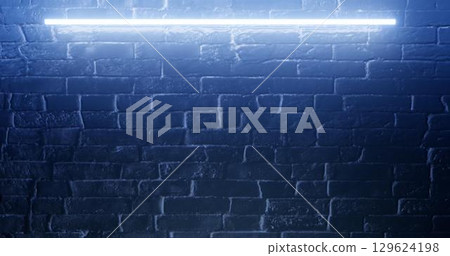 3d rendering. Brick wall illuminated by a neon blue light. Abstract background. Light effect on the protruding surface. 3d rendering. Brick wall illuminated by a neon blue light. Abstract background. Light effect on the protruding surface. 129624198
