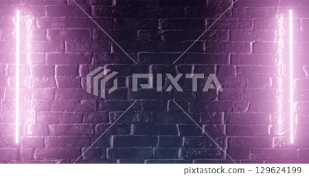 3d rendering. Brick wall illuminated by a pink neon lamp. Abstract background. Light effect on the protruding surface. 3d rendering. Brick wall illuminated by a pink neon lamp. Abstract background. Light effect on the protruding surface. 129624199