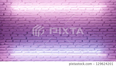 3d rendering. Brick wall illuminated by a pink neon lamp. Abstract background. Light effect on the protruding surface. 3d rendering. Brick wall illuminated by a pink neon lamp. Abstract background. Light effect on the protruding surface. 129624201