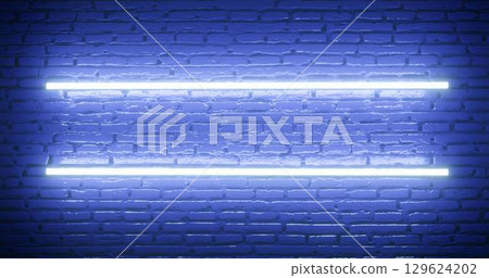 3d rendering. Brick wall illuminated by a neon blue light. Abstract background. Light effect on the protruding surface. 3d rendering. Brick wall illuminated by a neon blue light. Abstract background. Light effect on the protruding surface. 129624202