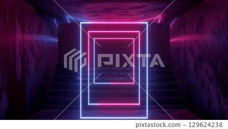 3d rendering, abstract neon background, pink blue glowing light, staircase in dark room 129624238