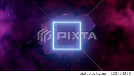 3d rendering. An asteroid in space among gas clouds lit by a light blue neon rectangle or square. 3d rendering. An asteroid in space among gas clouds lit by a light blue neon rectangle or square. 129624250